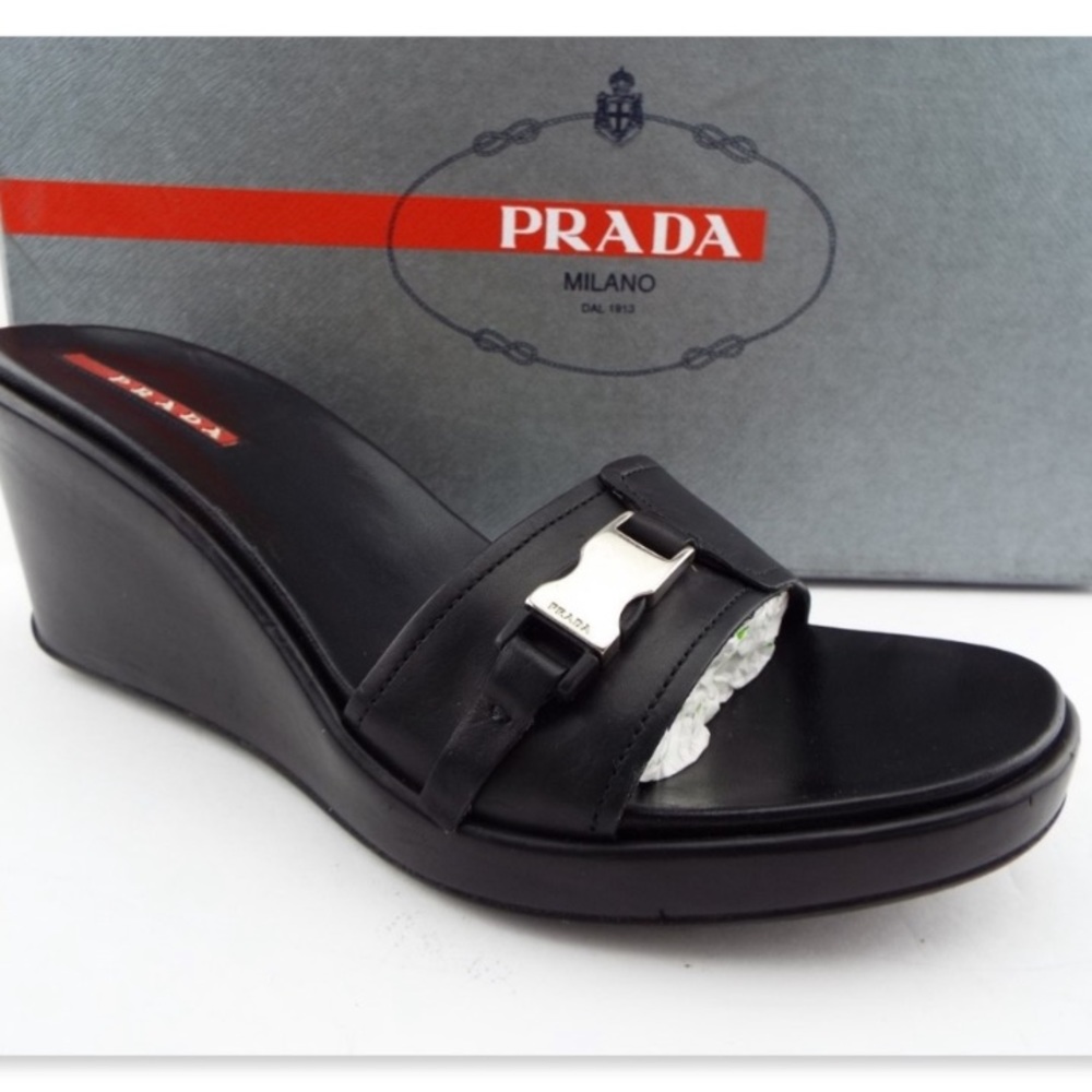 PRADA Black Leather Logo Buckle Slide Sandals 37